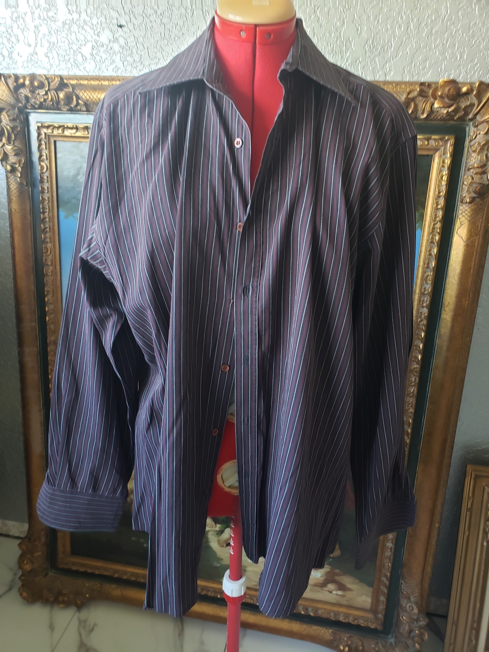 Gucci Men's Dark Purple Dress Shirt with Pink & Blue Pinstripes